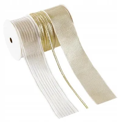 Produktbild von Crelando Geschenkband-Set Weihnachten Weiß-Gold 3 Stück