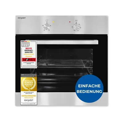 Exquisit Einbaubackofen, 62 Liter, Elektro, 4 Funktionen, Ober- und Unterhitze, Innenbeleuchtung, Grillrost & Backblech, EBE 455-1.1
