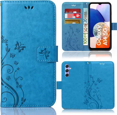 Produktbild von Handy Tasche für Samsung Galaxy A14 / A14 5G Schutz Hülle Handyhülle mit Blumenmuster Klapp Hülle mit Standfunktion und Kartenfächer Blau