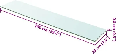 A transparent glass shelf with dimensions indicated by purple lines and text.