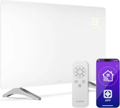 Produktbild von Klarstein Infrarotheizung 720W – Wandmontage & Standgerät, Thermostat, App-Steuerung, Glas-Design, IP43, Überhitzungsschutz, für Bad & Wohnzimmer, elektrische Wandheizung, Weiß