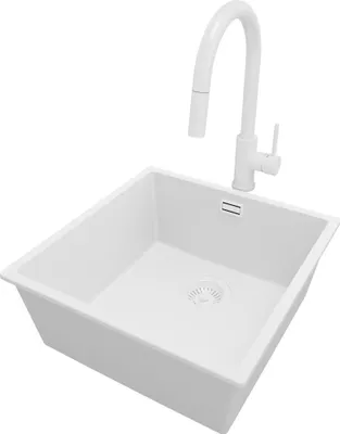 Produktbild von PRIMAGRAN Granitspüle Alles Weiß 46x47cm, Spülbecken 1 Becken + Küchenarmatur 40x20cm + Ablauf-Set, Küchenspüle ab 50er Unterschrank - London Slim