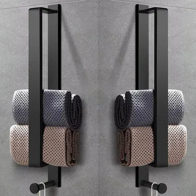Produktbild von Unyqoos® Selbstklebender Handtuchhalter 2er, schwarz, Edelstahl & Aluminium, 43,5 cm – ohne Bohren, mit Haken für Bad & Gästehandtücher