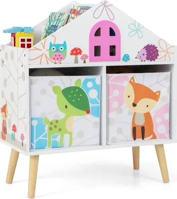 Produktbild von DREAMADE Hausförmiger Spielzeug-Aufbewahrungsorganisator, Kinder-Bücherregal mit Holzbeinen, 2-Fächer-Bücherregal mit oberem 4-Fach, 2 Stoffkörben