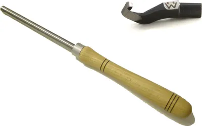 A woodturning tool set with a handle and a hook-shaped cutting head, shown against a white background.
