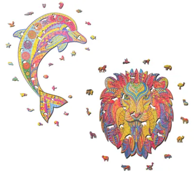 Produktbild von Woody Puzzles 2er Bundle - Delfin (299 Teile) + Löwe (296 Teile) Holzpuzzle Puzzel Tierpuzzle