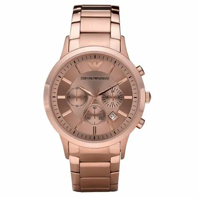 A close-up, front-facing studio shot of a rose gold Emporio Armani watch against a white background.