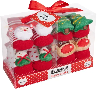 Produktbild von Brubaker 4 Paar Babysocken Jungen Mädchen 0-12 Monate - Baby Geschenkset für Neugeborene in Geschenkverpackung mit Schleife - Weihnachtssocken, Sneakersocken, Tiersocken und niedliche Socken Motive