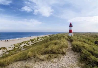 Produktbild von Wallario Poster - Am Strand von Sylt  Leuchtturm auf der Düne  Panorama, Kunstdruck Größe: 70 x 100 cm
