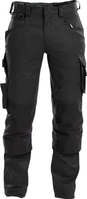 A pair of black work pants shown front-on against a white background.