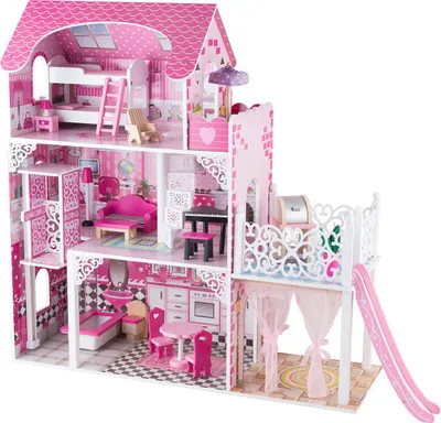 Image de 4iQ Grande maison de poupées en bois CELESTE 89x32,5x90 cm avec accessoires, patio et toboggan