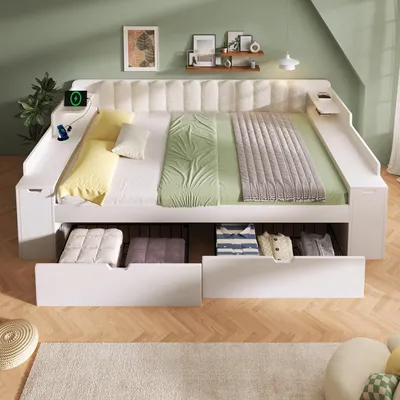Imagen del producto de Cama tipo sofá con espacio de almacenamiento Merax, 140x190 cm, con 2 cajones, base de metal, respaldo de sherpa, estación de carga USB y Tipo-C, color blanco