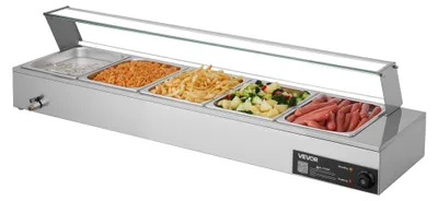 Produktbild von VEVOR kommerzieller Speisenwärmer mit Glasabdeckung & 5 Behälter 1,5 kW Buffetwärmer Edelstahl, Buffetbehälter Buffet-Wasserbad Speisenwärmstation