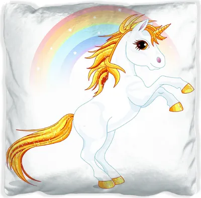 Produktbild von Wallario Premium Kissen, weiche Oberfläche, mit Motiv Weißes Einhorn vor einem Regenbogen, Größe: 40 x 40 cm, mit weißer Rückseite