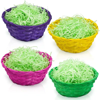 Image de 4 paniers de Pâques avec 100 g de fausse herbe de Pâques