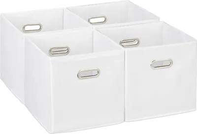 Immagine prodotto di Set di 4 contenitori Relaxdays, contenitori pieghevoli da scaffale, A x L x P: 30 x 30 x 30 cm, con maniglie, contenitori pieghevoli per scaffali, bianco