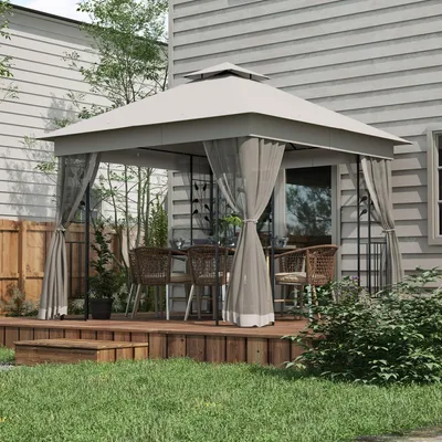 Produktbild von Pavillon mit Doppeldach 3x3 m, Gartenpavillon, wasserdicht winterfest, mit Moskitonetz, Hellgrau | 300x300x280 cm | Stahl & Polyester
