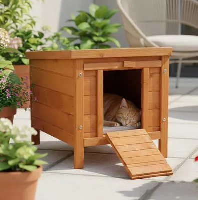 A cat is sleeping in a wooden outdoor cat house with a ramp.