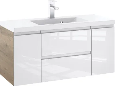 Produktbild von Furni Badunterschrank 100 cm mit Waschbecken – Korpus Eiche-Optik & Front Weiß Hochglanz, Vormontiert, Waschtisch-Set modern