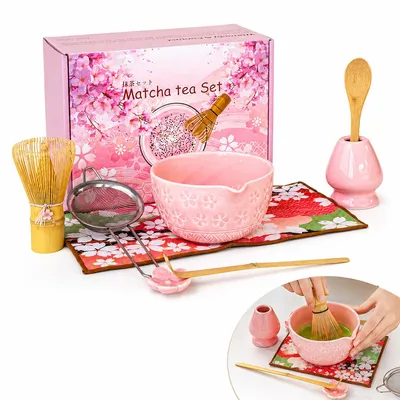 Produktbild von Matcha Set 8-teilig, hochwertiges Teezeremonie Zubehör mit Keramikschale, Bambusbesen mit 100+ Borsten, Besenhalter, Teelöffel, Sieb & Tuch, Rosa