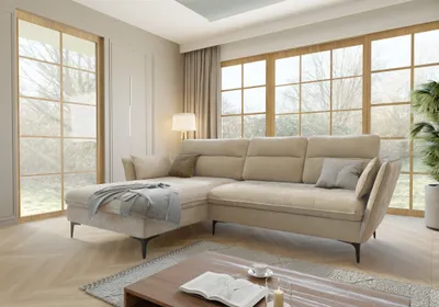 Produktbild von Ecksofa Egon mit Schlaffunktion und Bettkasten aus Beige Samt-Stoff mit hohen schwarzen Metallfüßen, B/T/H: 260 cm/ 168 cm / 91 cm, Ottomane links