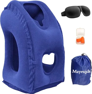 Image de Coussin de voyage gonflable avec support pour la nuque, de couleur bleue, pour avion