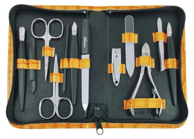 Produktbild von Maniküre Pediküre Set 12-teilig Solingen Qualität Germany – Nagelpflege Set mit Etui Kunstleder Kroko Gelb