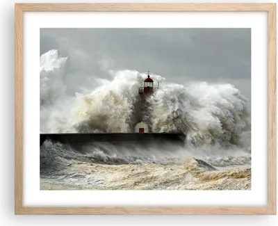 Produktbild von Gerahmtes Poster - Rahmen in heller Eiche - Leuchtturm Ozean Sturm - 50x40 cm - Wand Bild - Wanddeko - Wandbilder - Wandposter - Bilderrahmen - Bilder - Kunstdruck - Wandbild - P2NAA50x40-2442