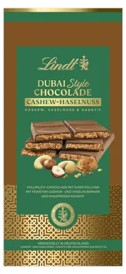 Zdjęcie produktu dla Czekolada Lindt Dubai Style w tabliczce z orzechami nerkowca i laskowymi, opakowanie 150 g