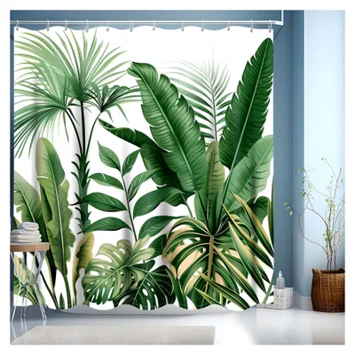 Produktbild von Duschvorhang mit grünen Blättern aus Textil, wasserabweisend, mit beschwertem Saum, waschbar aus Polyester, mit Ösen und Duschvorhangringen für das Badezimmer (180x200cm)