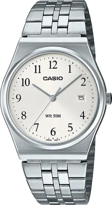 A close-up studio shot of a silver Casio watch with a white face.