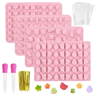 Productafbeelding van Siliconen vormpjes in de vorm van Gummiberen, set van 4 stuks, met 2 pipetten, geschikt voor het maken van snoepjes, chocolade en gelei