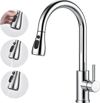 A collage showing a chrome kitchen faucet with a pull-out spray head, demonstrating different water flow modes and a hand interacting with the spray head.