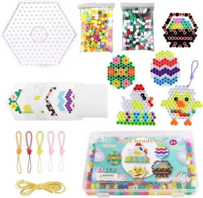 Imagen del producto de Kit de cuentas para planchar, tamaño maxi (10 mm), con 500 unidades, papel para planchar y cordones, ideal para proyectos creativos de manualidades