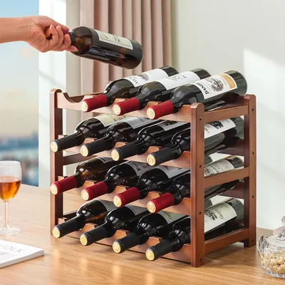 Obrázok produktu pre Stohovateľný stojan na fľaše vína so 4 úrovňami na 16 fliaš, modulárna vinotéka z prírodného bambusu 43 x 23 x 38 cm - potrebné