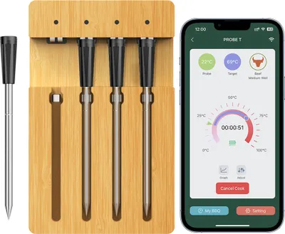 Produktbild von 98FT Drahtloses Fleischthermometer BT Smart APP-Steuerung 4 Sonden Fleischthermometer zum Grillen und Raeuchern Wasserdichtes, wiederaufladbares Lebensmittelkochthermometer Typ C fuer BBQ-Ofen-Grill-Raeucherofen