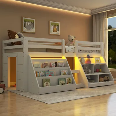 Produktbild von Halbhohes Bett 90x200 cm mit LED-Beleuchtung, Ablagefächern, Sicherheitsgitter & Leiter, Kinderbett aus Kiefernholz/MDF, ohne Matratze, Weiß