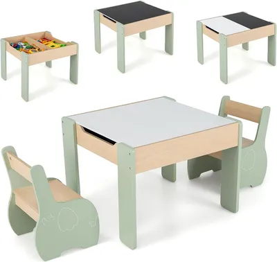 Produktbild von Kindertisch mit 2 Stühlen aus Holz, Kindermöbel Set, Kinder Tisch Stuhl Set, 3tlg. Kindersitzgruppe mit Stauraum und doppelsritge Tischplatte für Jungen und Mädchen (Grün)