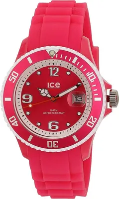 A close-up studio shot of a pink and red Ice-Watch.