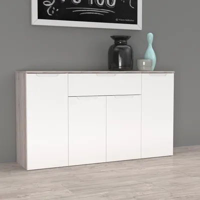 Produktbild von Forte MORENO Kommode 140, moderne Kommode mit 4 Türen und 1 großer Schublade, Schlaf-/Wohnzimmer, Flur, Holzwerkstoff, Weiß, 139,3 cm breit x 80,1 cm hoch x 34,1 cm tief