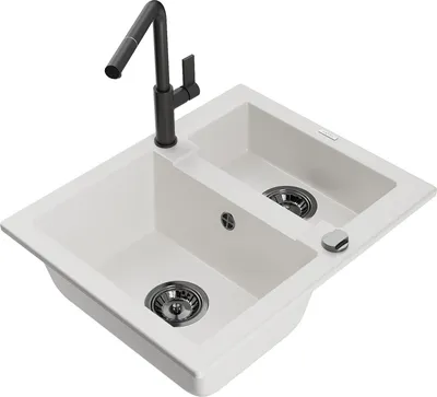 Produktbild von Mexen Carlos 1,5-Becken-Granitspüle mit Mischbatterie Flora, Weiß - 6518-20-670401-70-B