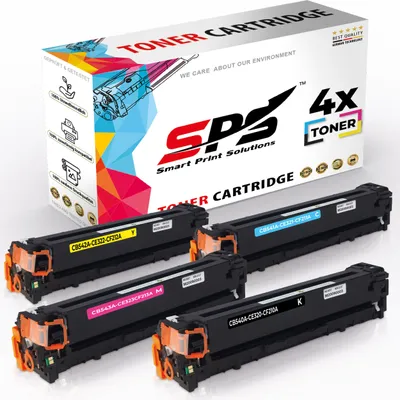 A box of toner cartridges with four toner cartridges displayed in front of it.