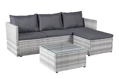Produktbild von Loungeset Manila Gartenlounge Ecksofa mit Tisch + Hocker Polyrattan Weiß-Grau