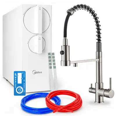 Produktbild von Umkehrosmose-Wasserfiltersystem Ari Solid Spring, 800 Gpd, Tanklos, 3-Wege-Küchenarmatur, Zweigriffarmatur, Messing, Inox, Perlator, Keramikkartusche