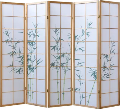 Image de 5 pan Paravent japonais bois naturelle dessin bambou