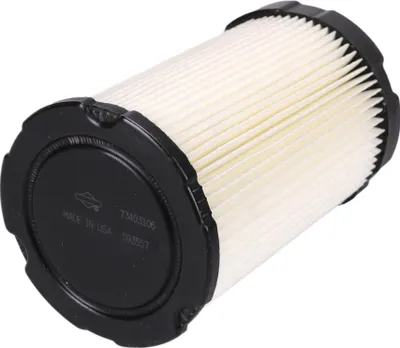 A close-up, angled view of a white pleated air filter with black end caps, set against a white background.