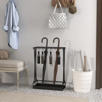 Produktbild von Regenschirmständer Stahl, Schirmhalter mit 21 Öffnungen & 24 Haken, Schirmorganizer, Schwarz | 50 x 24 x 68 cm | bis 45 Schirme