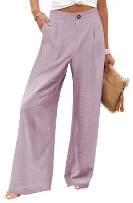 Image de ASKSA - Pantalon ample pour femmes, jambes larges, taille haute, pantalon d'été léger, modèle palazzo, coupe ample, pantalon de loisirs décontracté avec poches, couleur rose, taille XL