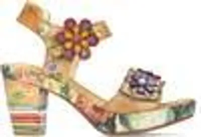 Produktbild von Laura Vita Damen Sandalette Nellao 05 beige Leder bunt mit Blumen toller Blockabsatz gestreift 2 Klettverschlüsse zum Anpassen Grösse 36 EU