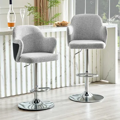 Obrázek produktu pro MODFU sada 2× barová židle otočná s nastavitelnou výškou a 360° otáčením, čalouněná židle relaxační křeslo s područkami, chromová ocelová základna, světle šedá a černá
